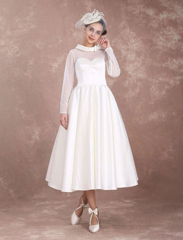 Wedding Dresses Short 1950'S Vintage Bridal Dress Long Sleeve Sweetheart Neckline Satin Ivory Rockabilly Wedding Dress Exclusive
