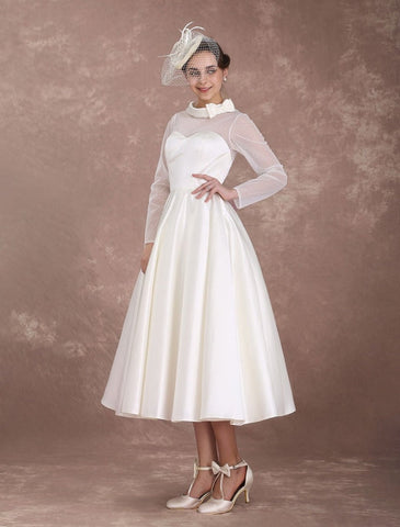Wedding Dresses Short 1950'S Vintage Bridal Dress Long Sleeve Sweetheart Neckline Satin Ivory Rockabilly Wedding Dress Exclusive