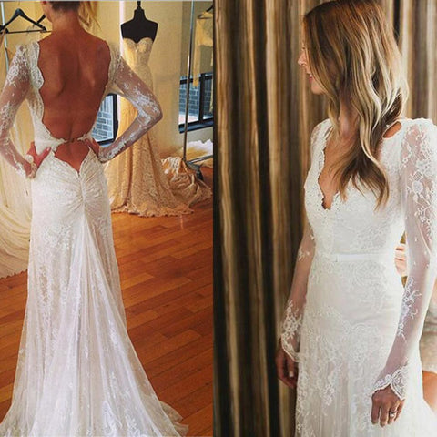 White Tulle Lace Open Back V-neck Mermaid Long Sleeve Wedding Dresses