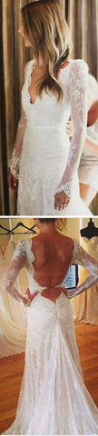 White Tulle Lace Open Back V-neck Mermaid Long Sleeve Wedding Dresses