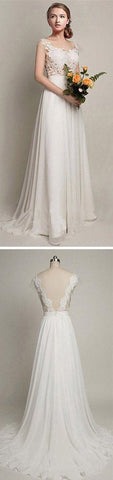 Chiffon A-Line V-back Wedding Party Dresses, Simple Lace Long Wedding Dress