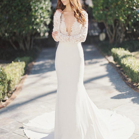 White Mermaid Deep V-Neck Long Sleeve Lace Wedding Dresses