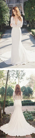 White Mermaid Deep V-Neck Long Sleeve Lace Wedding Dresses