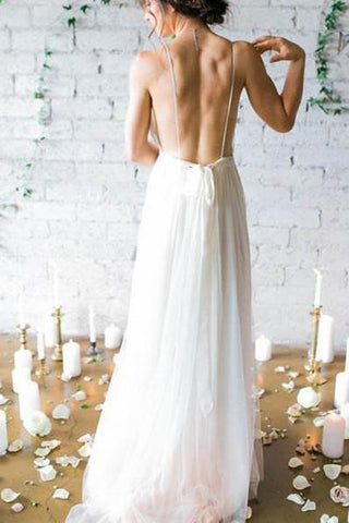 Chiffon Backless Cheap White Long Wedding Gowns, Beach Wedding Dresses