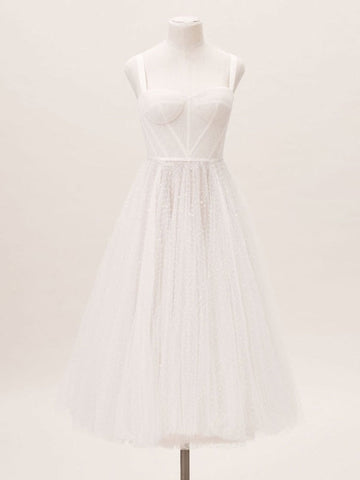 Weißes kurzes Brautkleid in T-Länge, A-Linie, Herzausschnitt, Perlen, Spaghettiträger, bodenlanges Kleid