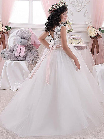 Weißes langes Ballkleid mit Spitze und Tüll für Blumenmädchenkleider für Hochzeiten