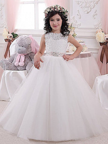 Weißes langes Ballkleid mit Spitze und Tüll für Blumenmädchenkleider für Hochzeiten