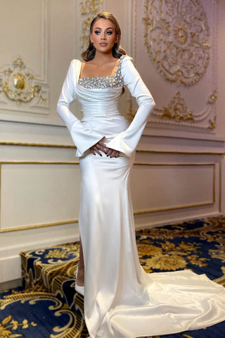 White Long Sleeve Square Mermaid Prom Dresses with Pearls Sequins