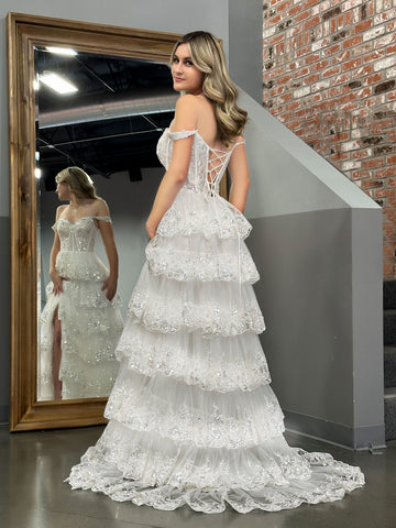 Princess A Line Off the Shoulder White Corset Prom Dress with Lace Ruffles