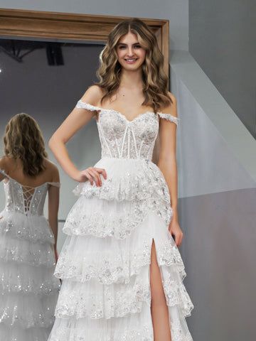 Princess A Line Off the Shoulder White Corset Prom Dress with Lace Ruffles