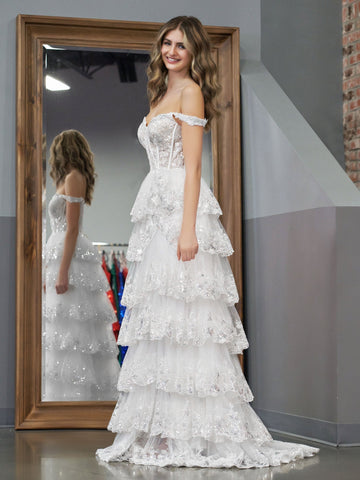 Princess A Line Off the Shoulder White Corset Prom Dress with Lace Ruffles