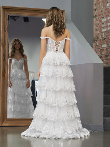 Princess A Line Off the Shoulder White Corset Prom Dress with Lace Ruffles