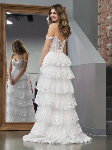 Princess A Line Off the Shoulder White Corset Prom Dress with Lace Ruffles