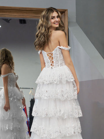 Princess A Line Off the Shoulder White Corset Prom Dress with Lace Ruffles