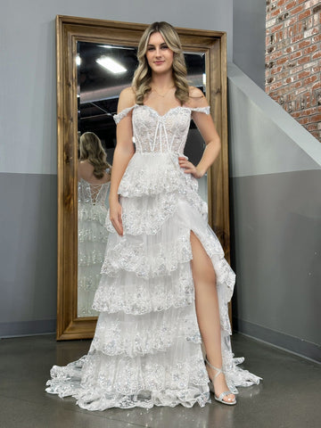 Princess A Line Off the Shoulder White Corset Prom Dress with Lace Ruffles