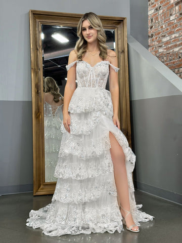 Princess A Line Off the Shoulder White Corset Prom Dress with Lace Ruffles
