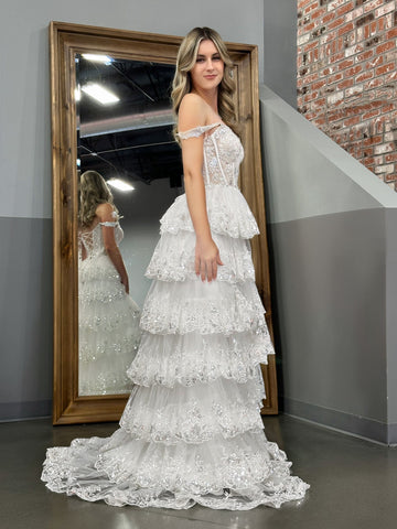 Princess A Line Off the Shoulder White Corset Prom Dress with Lace Ruffles
