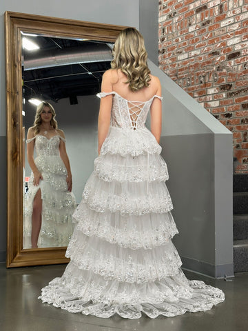 Princess A Line Off the Shoulder White Corset Prom Dress with Lace Ruffles