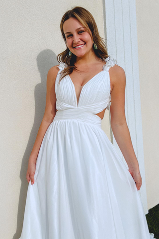 Ruffle Straps Pleated Cut-Out Deep V Long Prom Dress