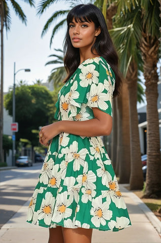 Full Size Daisy Print Mini Summer Dress with Ribbon Details