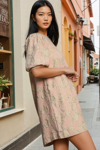 Floral Jacquard Puff Sleeve Mini Resort Dress