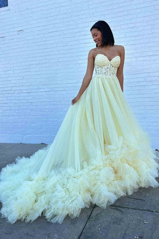 Tulle Appliques Sweetheart Ruffle Long Prom Dress