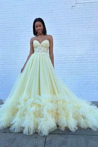 Tulle Appliques Sweetheart Ruffle Long Prom Dress