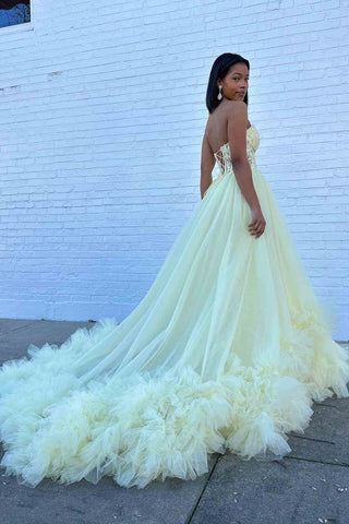 Tulle Appliques Sweetheart Ruffle Long Prom Dress