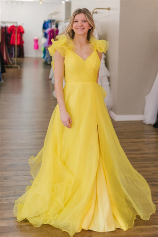 Surplice Ruffle Straps Tulle Long Prom Dress with Slit