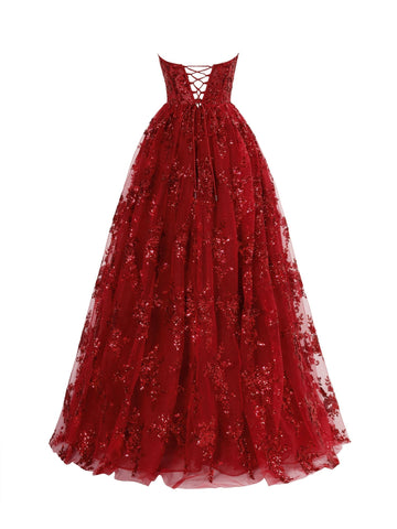 A-Linien-Ballkleid mit trägerlosem, plissiertem, langem Schnitt und Applikation