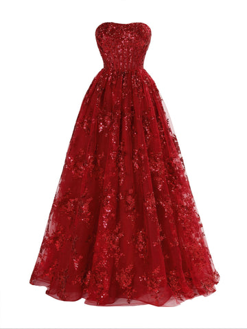 A-Linien-Ballkleid mit trägerlosem, plissiertem, langem Schnitt und Applikation